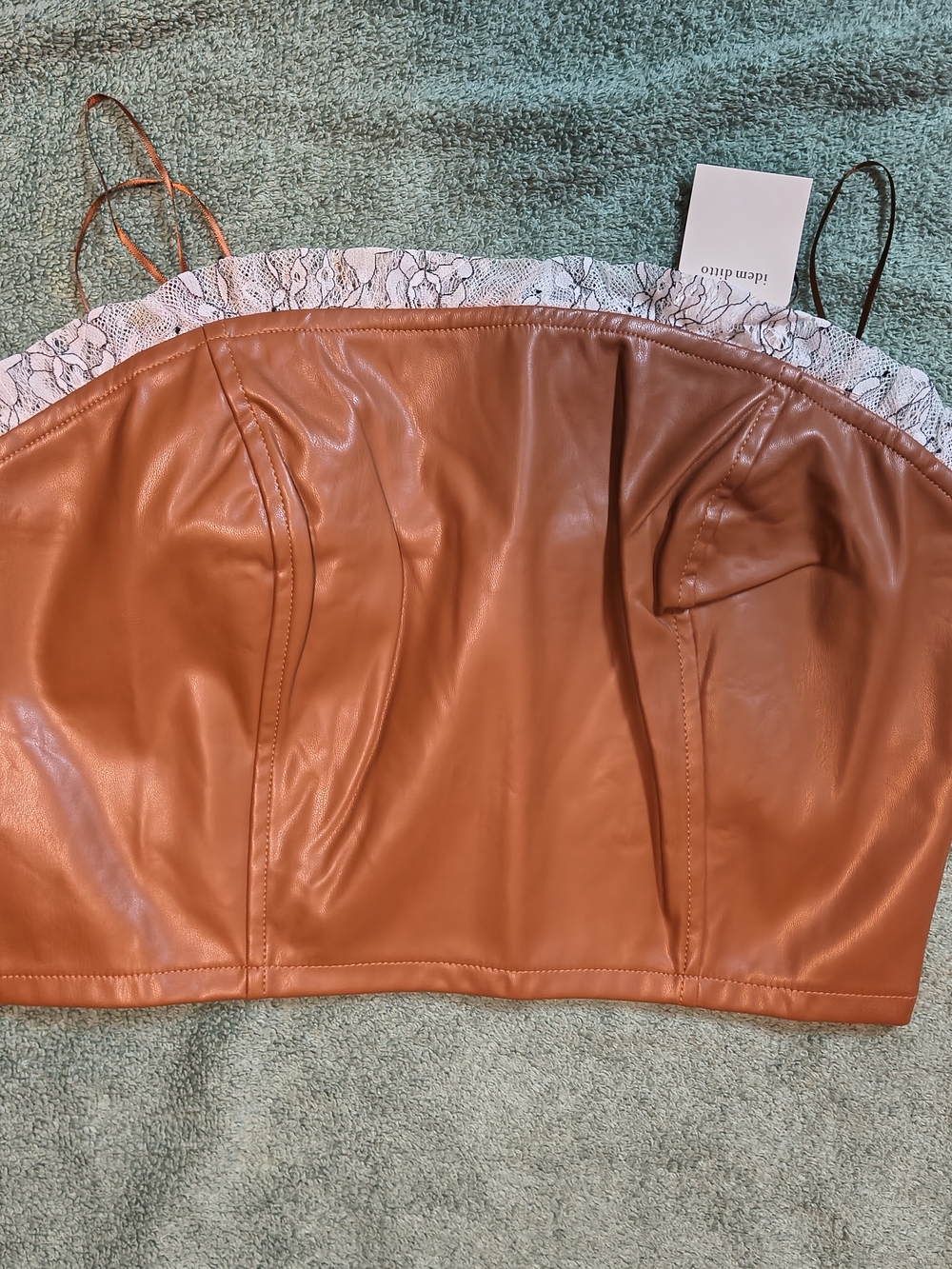 idem ditto Faux Leather Corset Top Women L Brown Lace Trim Bustier NWT